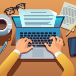 Writer writes document. Journalist create storytelling with laptop. Hands typing on computer keyboard. Story writing vector concept