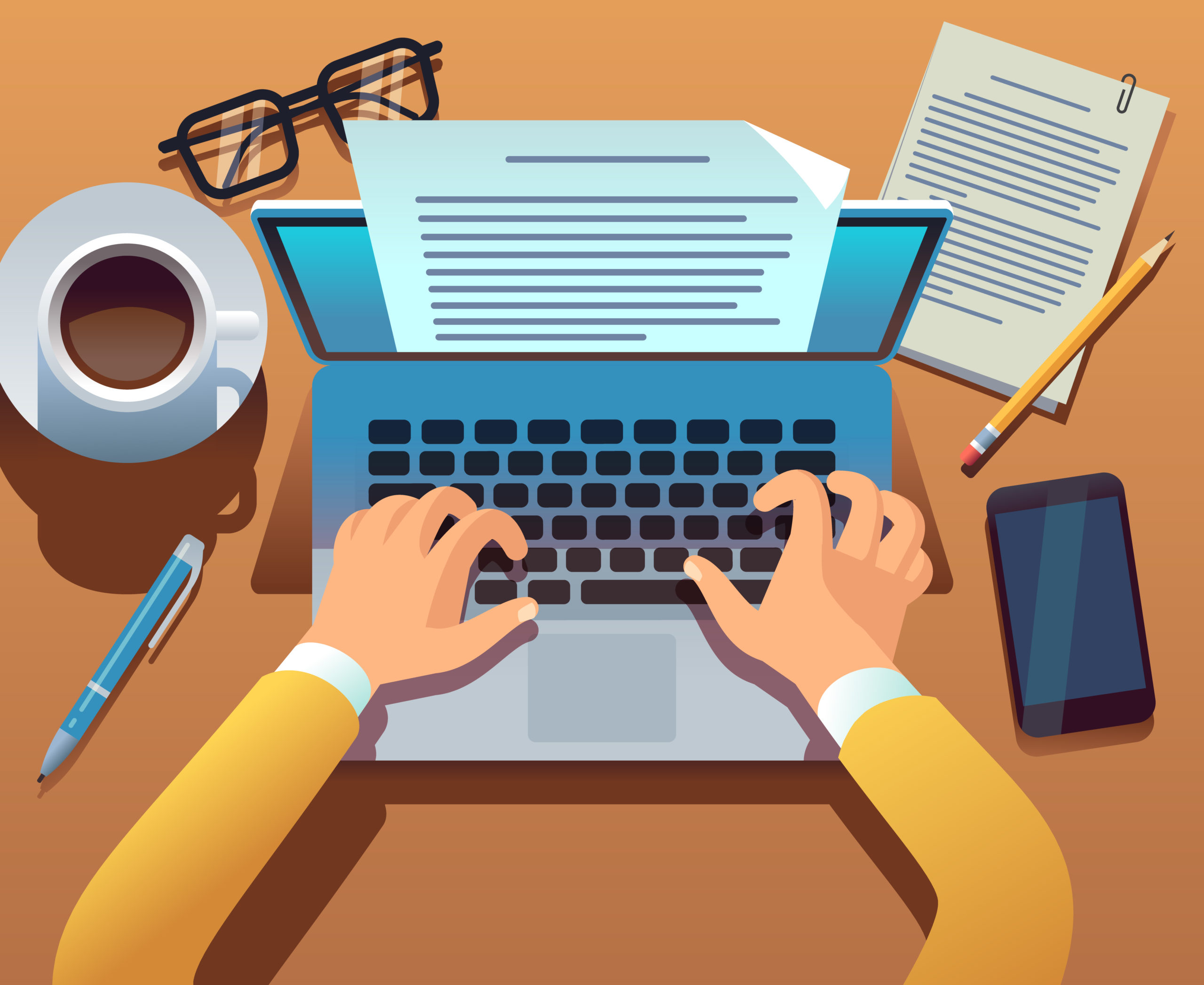 Writer writes document. Journalist create storytelling with laptop. Hands typing on computer keyboard. Story writing vector concept